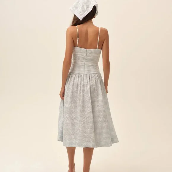 FOR LOVE & LEMONS Georgia Gingham Midi Dress In Blue NWT - Picture 3 of 12